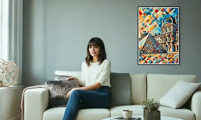 A young woman sitting on a modern white sofa in a stylish living room with a colorful abstract painting of the Louvre Pyramid and building hanging on the gray wall